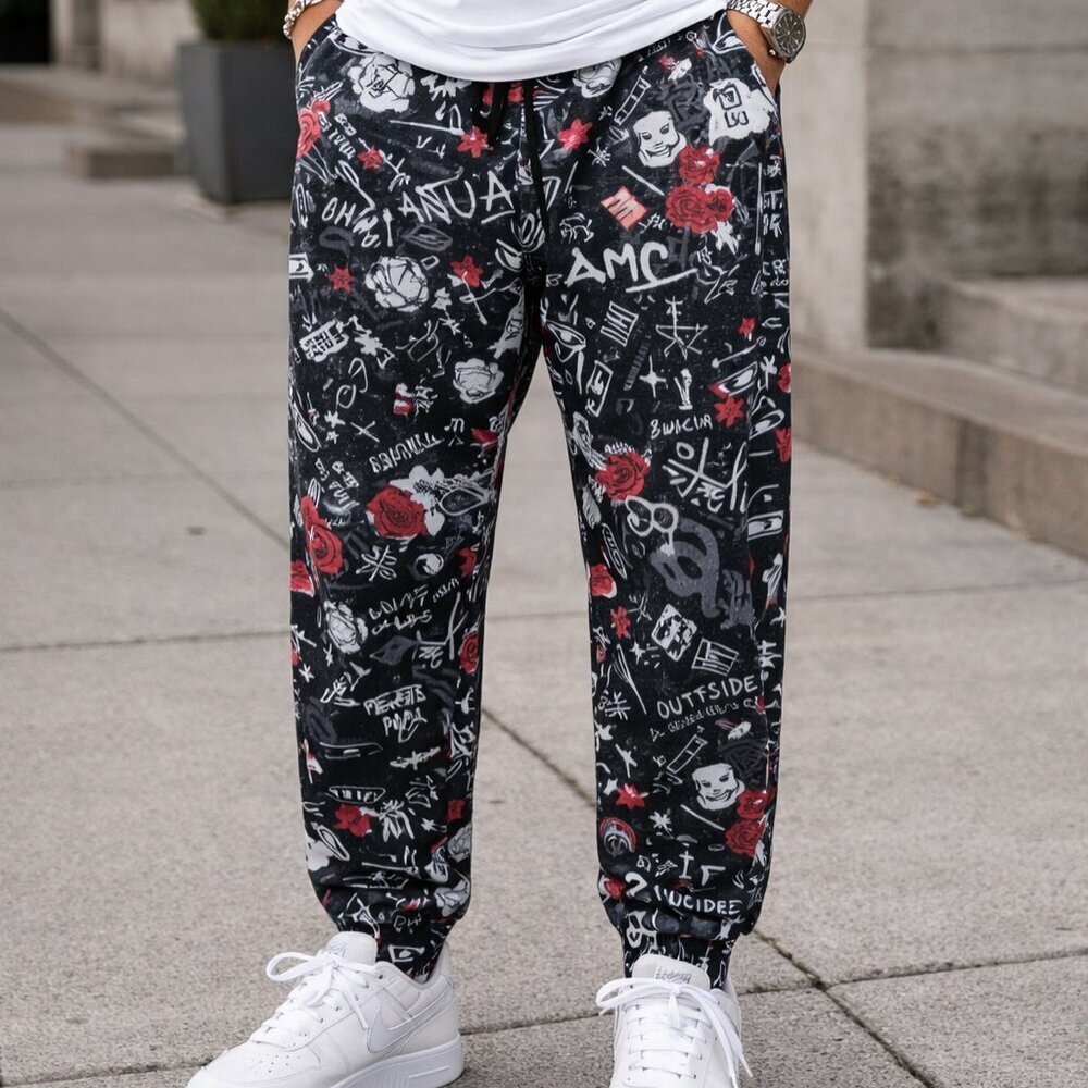 Fresh Prints of Bel‑Air Graffiti Jogger Pants – Black / Red Roses Size Small & M